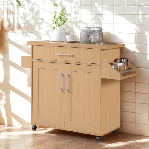 Hodedah Rolling Wood Kitchen Island Cart with Spice Rack, Towel Rack, Utensil Drawer plus Cabinet, White with Beech Top