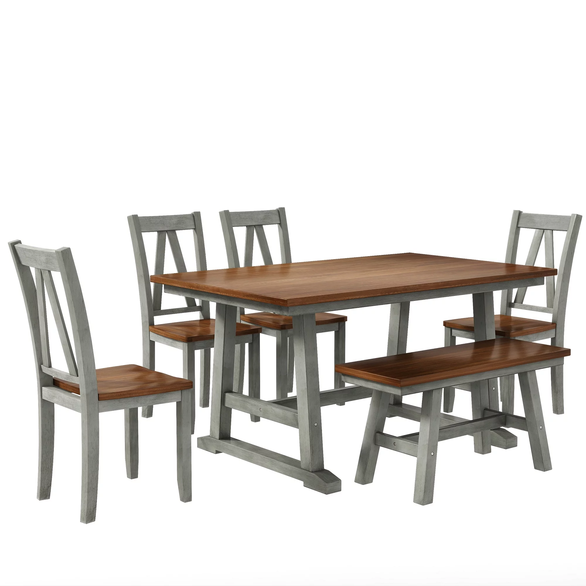 CoSoTower 6-Piece Wood Dining Table Set Kitchen Table Set with Long Bench and 4 Dining Chairs, Farmhouse Style, Walnut+Gray