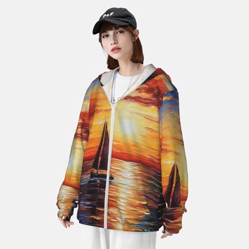 UPF 50+ Sunset Sailboat Sun Protection Hoodie Jacket Quick Dry Rash Guard Long Sleeve Sun Shirt