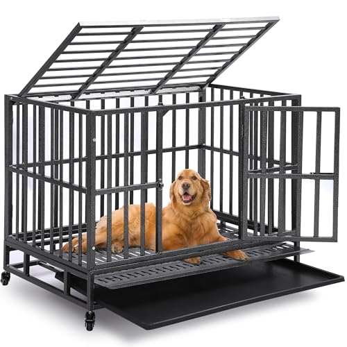 Heavy Duty Indestructible Dog Crates for Large Dogs - 38 inch Folding Dog Kennel Extra Large Cage Crate, High Anxiety Dogs Crate Indoor with Lockable Wheel, Double Door, Removable Tray, XL XXL