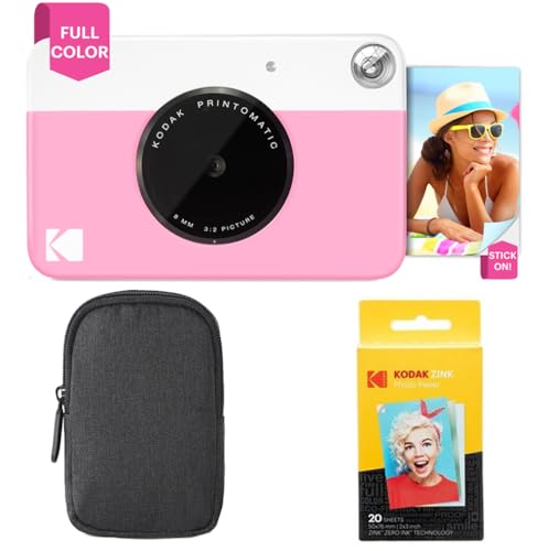 KODAK Printomatic Full-Color Instant Print Camera Starter Bundle + Carrying Case + Zink 20pk Photo Paper - Colorful Photos On 2x3 Sticky-Back Paper - Fun Gift for Birthday Christmas Holiday - Blue