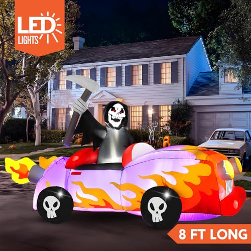 Joiedomi 8ft Long Halloween Inflatable Grim Reaper Driving Car, Halloween Inflatable Outdoor Decoration with Build-in LEDs, Blow Up Yard Decorations for Garden Party Holiday Lawn Decor
