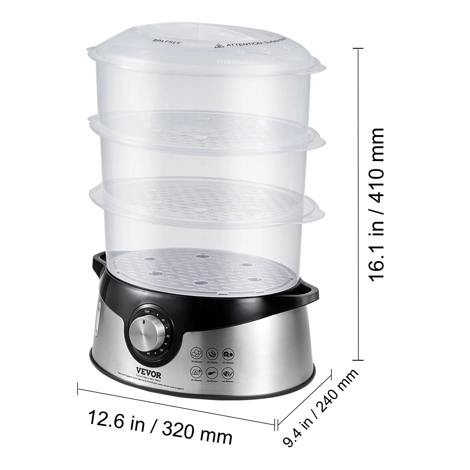 BENTISM 9.5Qt Electric Food Streamer 3-Tier Vegetable Steamer & 60 Min Timer 800W