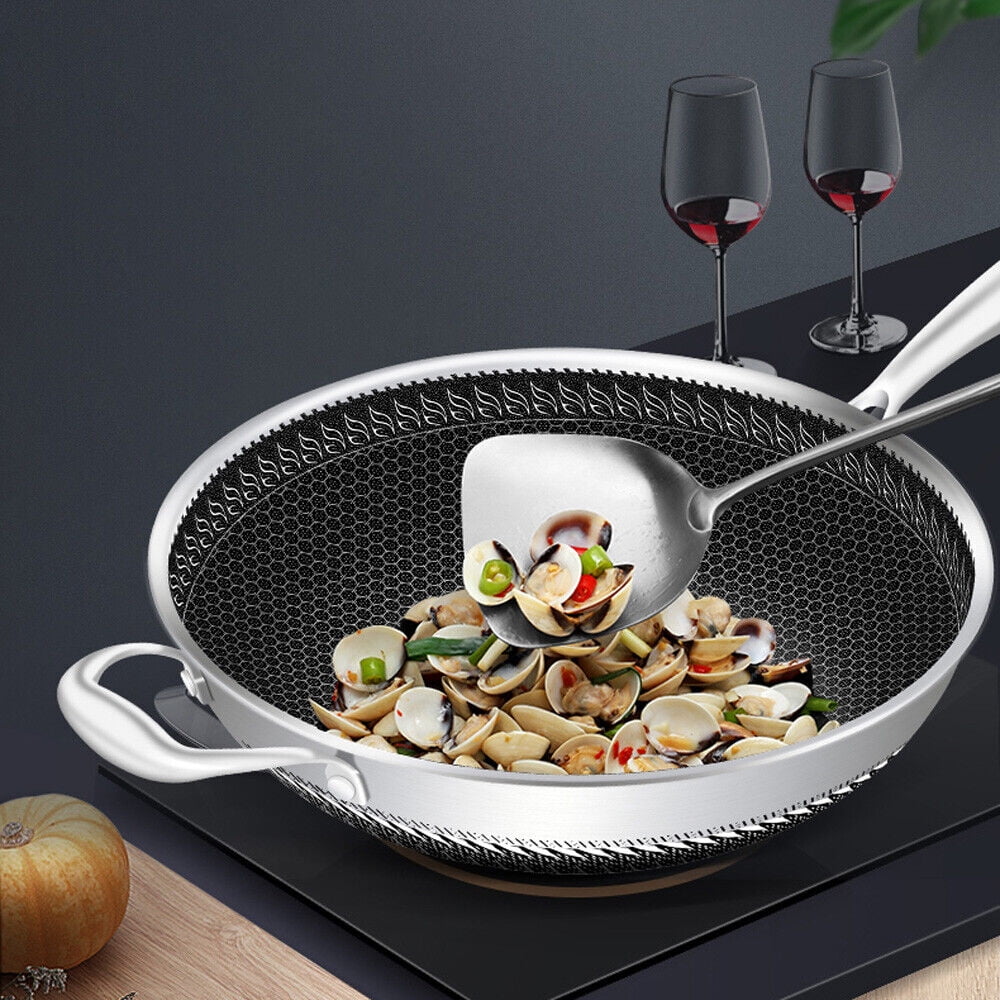 DENEST Double Sided Honeycomb Non-stick Cooker Frying Pan Stainless Wok w/ Glass Lid