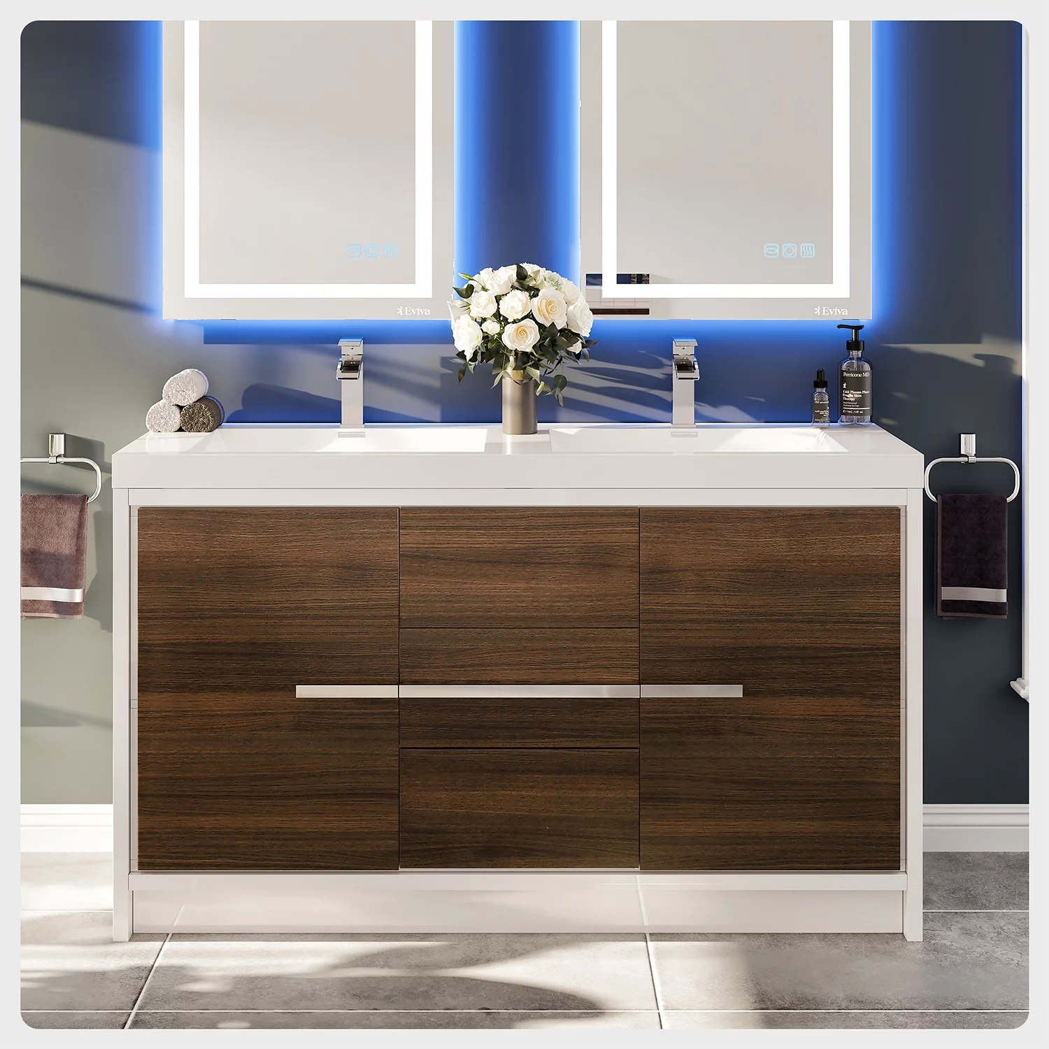 Eviva Grace 60 in. Gray Oak and White Bathroom Vanity with Double White Integrated Acrylic Countertop