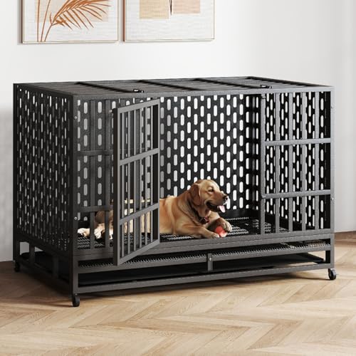 48 Inch Heavy Duty Dog Crate – Indestructible Steel Cage for Large Dogs, Double Door High Anxiety Cage with Removable Tray & Locking Wheels, Escape Proof XL XXL Indoor Crate