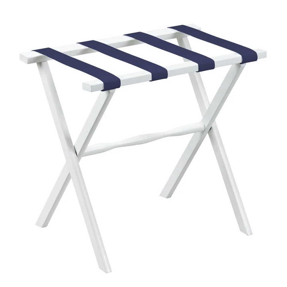 Gate House Furniture White Wood Straight Leg Luggage Rack with 4 Navy Nylon Straps