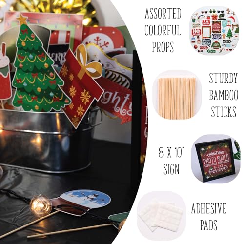 Christmas Photo Booth Props - 41-pc Photobooth Kit with 8 x 10-Inch Sign, 60 Adhesive Pads, 45 Sticks - Christmas Photobooth Props - Holiday Photobooth Prop