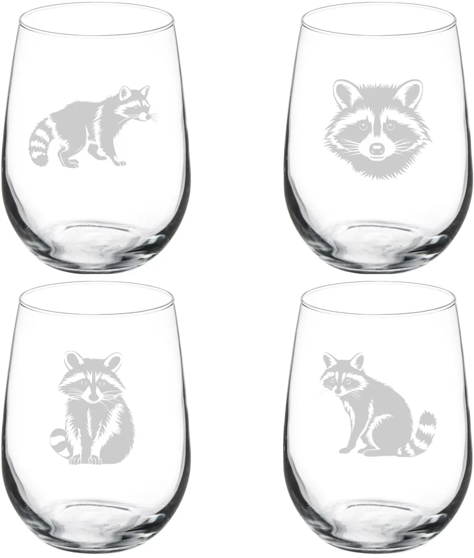 Set of 4 Wine Glass Gift Raccoon Collection (17 oz Stemless)