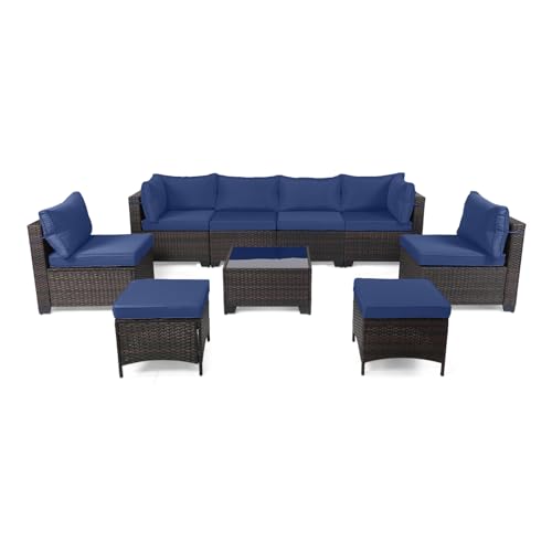 LEVELEVE 7 Pieces Outdoor Patio Furniture Sets,Rattan Conversation Sectional Set,Manual Weaving Wicker Patio Sofa with Tea Table