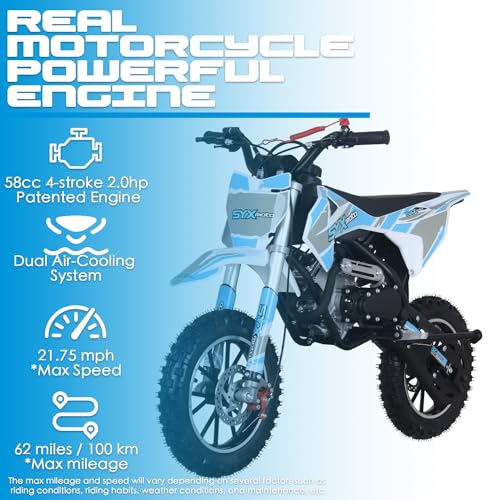 SYX MOTO 58CC Dirt Bike for Kids, Off Road Mini Bike Pit Bike with 4-Stroke Gas Powered Real Motorcycle Engine, Automatic Transmission and Pull Start, Up to 22 Mph, EPA Approved(GREENWHITE)