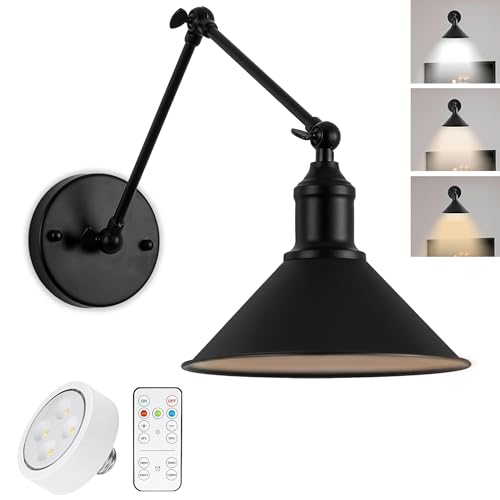 Vintage Black Wireless Battery Operated Wall Sconces, Cordless LED Wall Lights Set of 2 with Remote Control, for Bedroom, Farmhouse, Gallery - Easy Setup, Adjustable Brightness, Long-Lasting Battery