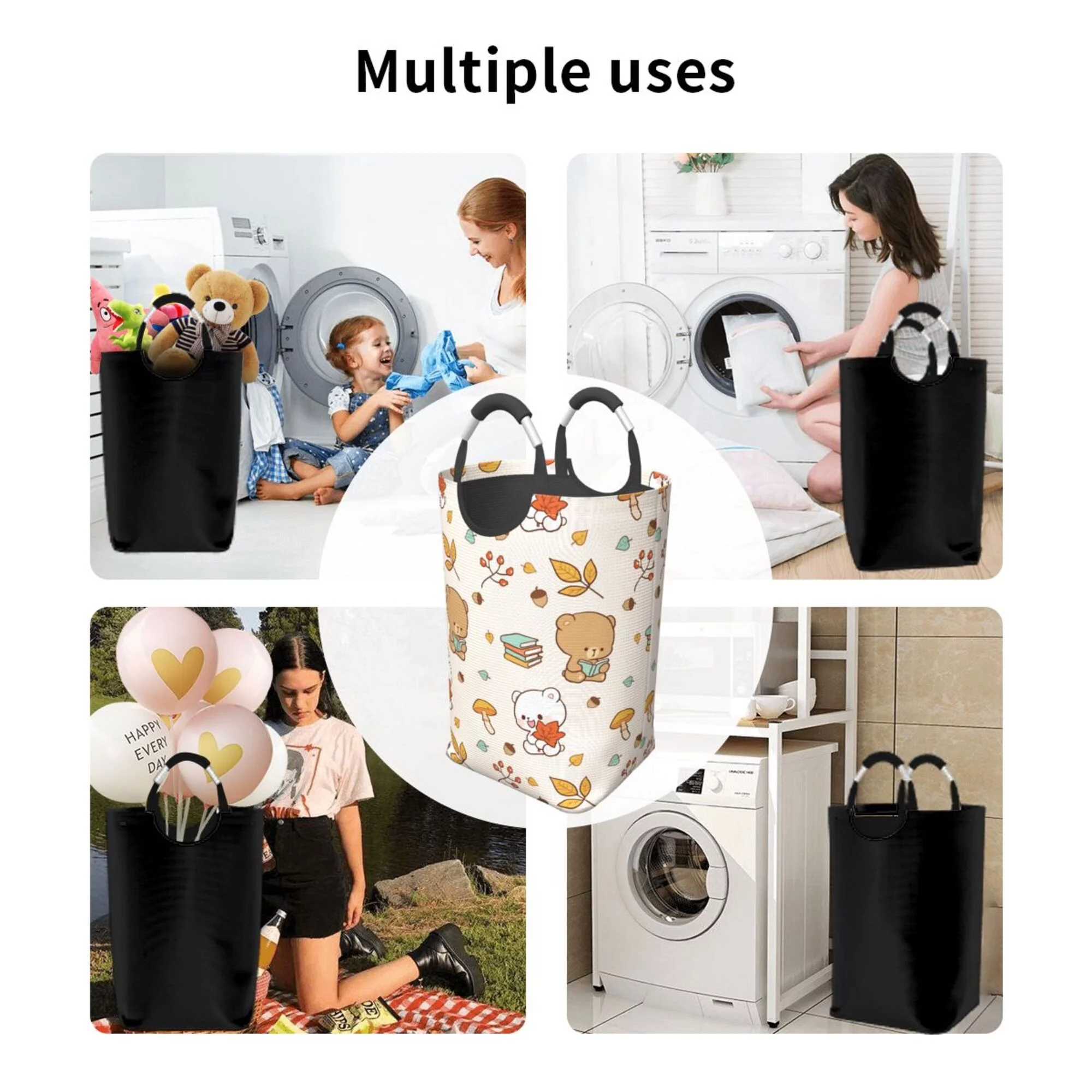 TEQUAN 50L Large Rectangular Laundry Hamper with Aluminum Handles, Cartoon Bear Animal Prints Waterproof Foldable Dirty Clothes Basket