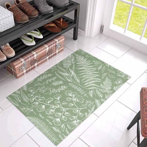 Abstract Ferns Leaves on Sage Green Indoor Door Mats, Welcome Front Doormat, Non-Slip Low Profile Entryway Rugs for Kitchen Bedroom Living Room Floor, Botanical Branches, 18x30IN