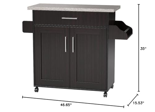 Hodedah Rolling Wood Kitchen Island Cart with Spice Rack, Towel Rack, Utensil Drawer plus Cabinet, White with Beech Top