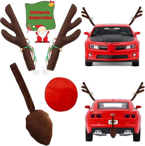 Car Reindeer Antlers with Red Nose & Tail - Christmas Reindeer for Car Ornaments, Festive Rudolph Antlers Kit Xmas Decoration for SUV Van Truck