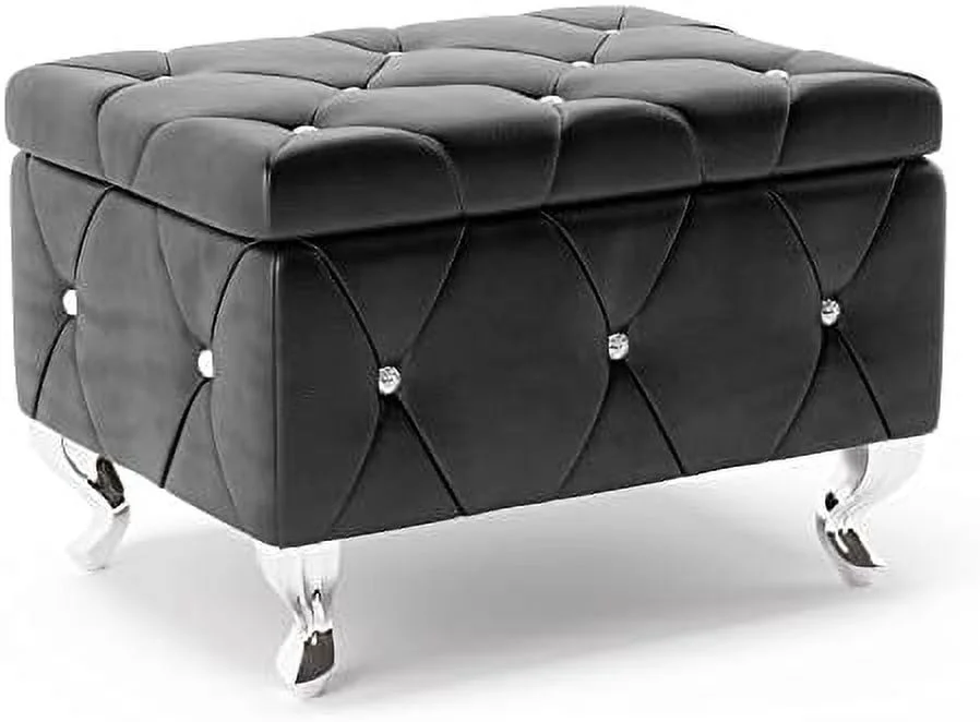RUNFAYBIU Ottoman  23'' Upholstered Silver Faux Leather Ottoman with Crystal Tufted Button  Flip Top Foot  Bench for Bedroom End of Bed  Living Room