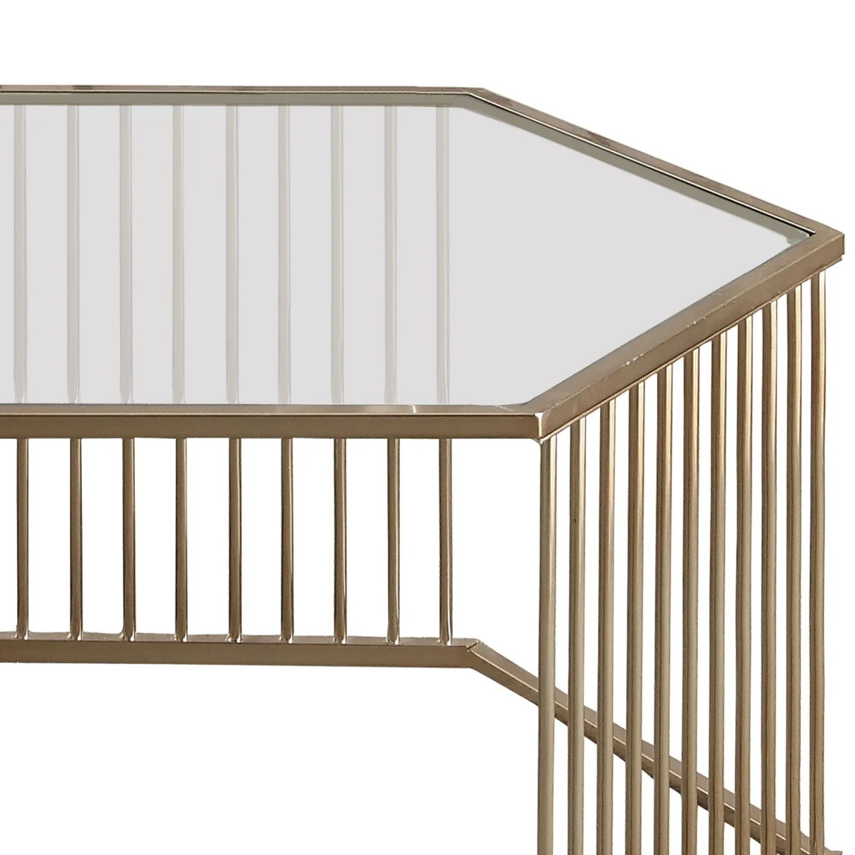 Mirrored Top Hexagon Coffee Table With Vertical Line Metal Base, Champagne and Clear- Saltoro Sherpi