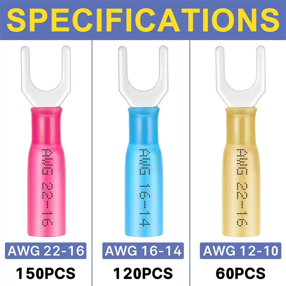 haisstronica 330PCS #10 Marine Grade Heat Shrink Fork Connectors,22-10 Gauge Tinned Copper Crimp Connectors Fork Terminals