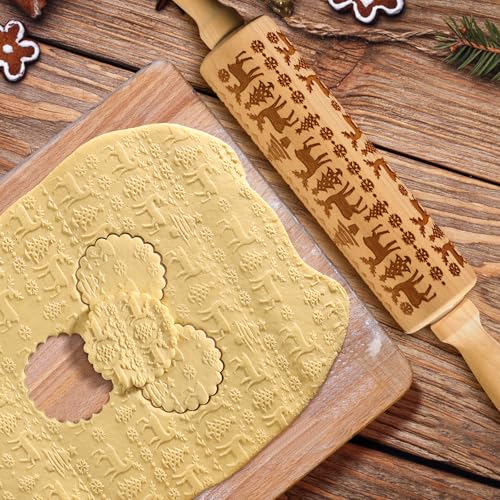 Embossed Wooden Rolling Pin, Natural Wood with Carved Snowflake, Elk, and Tree Patterns. Ideal for New Year and Valentine's Day Baking Embossed Cookies and Gift for Kids and Adults for Christmas