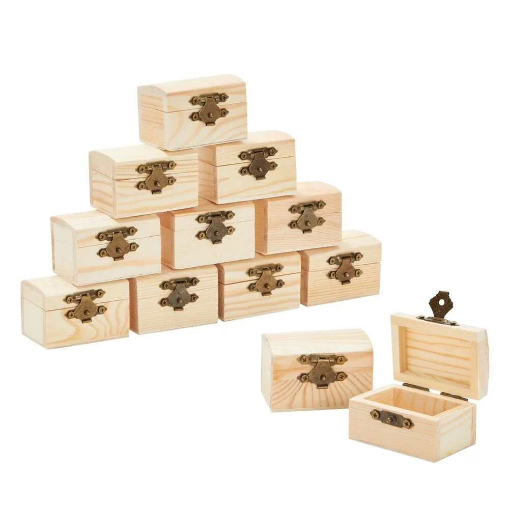 12-Pk Wooden Boxes for Crafts, Small Unfinished Wood Treasure Chest, 2.4x1.6 in