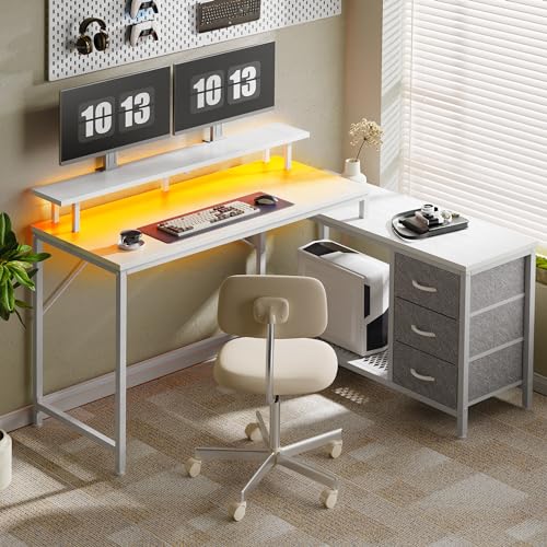 Huuger Reversible L Shaped Computer Desk with Drawers, Gaming Desk with LED Lights and Power Outlets, Office Desk with Storage Shelves, for Home & Office, Black