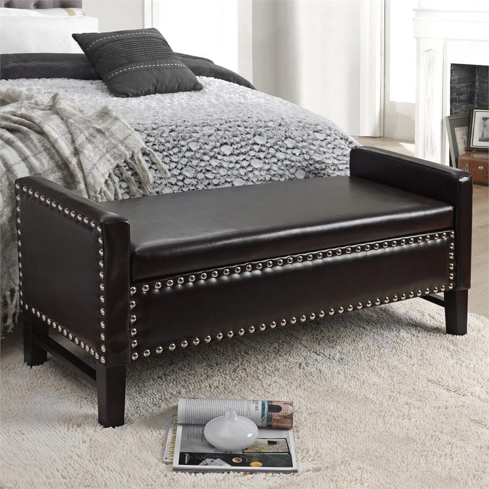 Posh Living Genesis Faux Leather Storage Bench with Nailhead Trim in Espresso