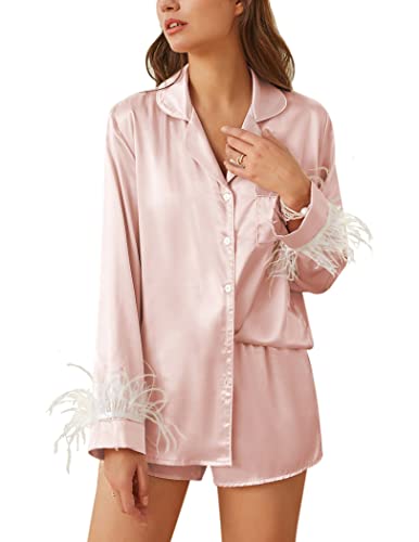Ekouaer Women's Bridal Feather Trim Silk Satin Pajama Set Long Sleeve Lounge Sets Sleepwear (Removable Feather)
