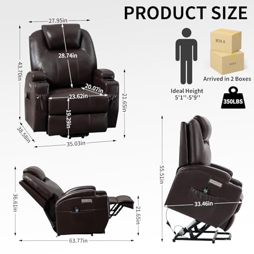 Power Lift Recliner Chair for Elderly with Heat and Massage, Remote Control, 2 Cup Holders, USB Charge Port, Side Pocket, Adjustable Motorized Home Theater Single Seat Modern (Black)