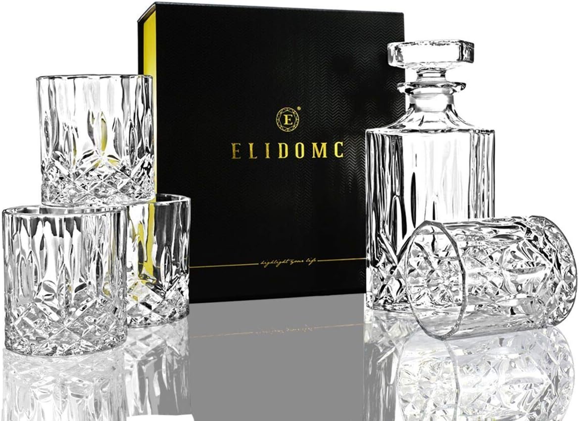 ELIDOMC 5PC Italian Crafted Glass Whiskey Decanter & Whiskey Glasses Set, Crystal Decanter Set With 4 Double Old Fashioned Glasses, 100% Lead Free Whiskey Glassware