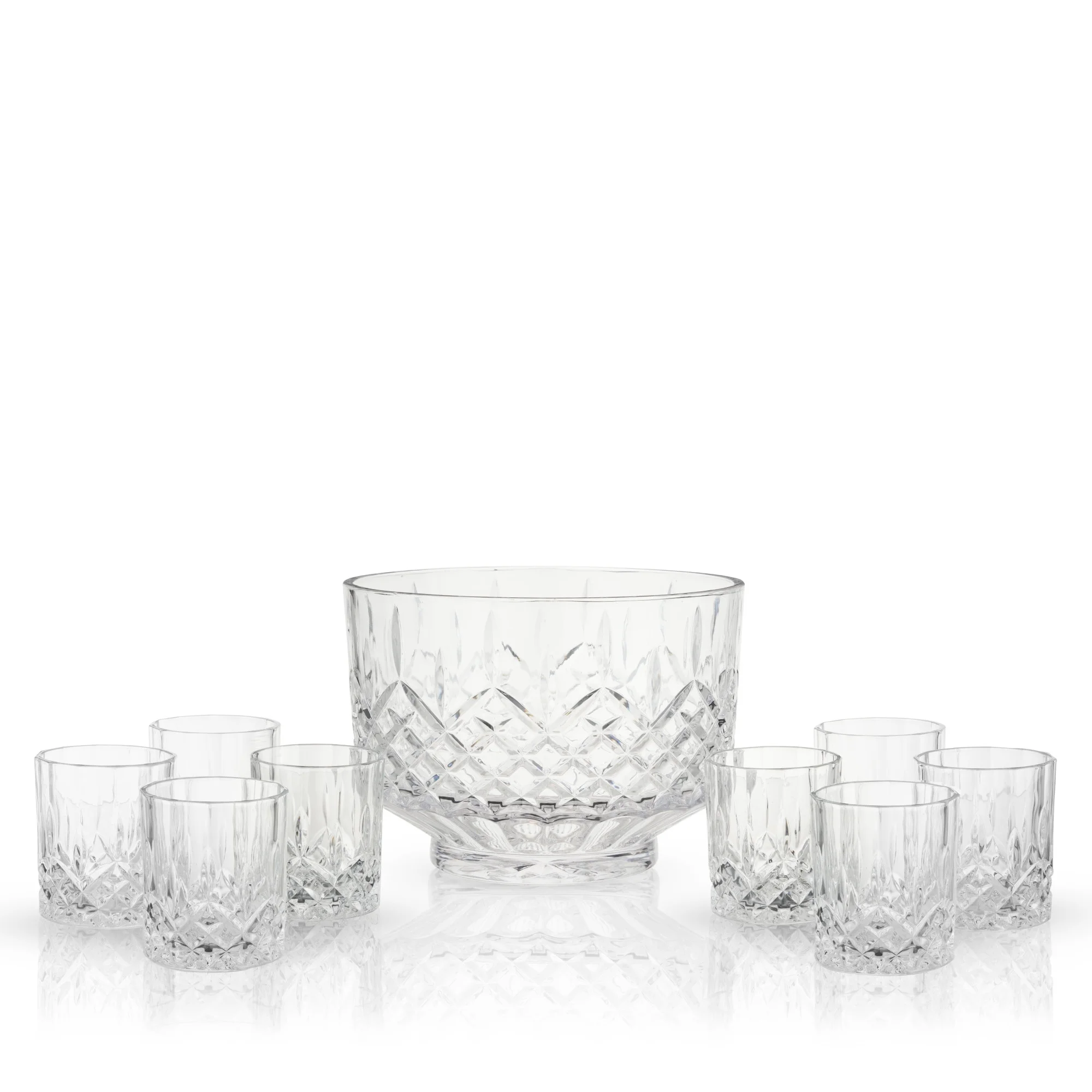 Viski Admiral Punch Bowl Set with 8 Tumblers, Cut Crystal Cocktail Party Serveware, Dishwasher Safe, 2.5 Gallons, 9 Oz Glasses, Set of 9