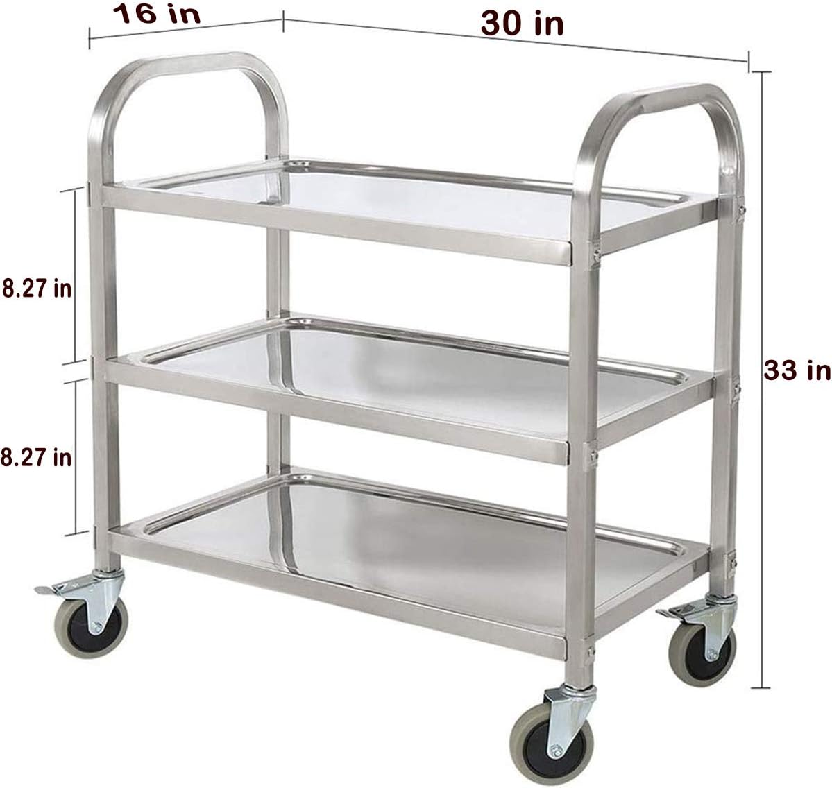 3 Tier Stainless Steel Kitchen Trolley Cart 300lbs Capacity Commercial Utility Rolling Cart Food Bottles Serving Storage Cart with Locking Wheels for Restaurant Catering Hotel Home, 30x16x33