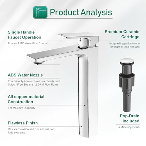 VOTON Vessel Sink Faucet Matte Black Tall Bathroom Faucet Single Handle Vanity Bathroom Sink Faucet 1 Hole Basin Mixer Tap with Water Supply Hose and Pop Up Sink Drain