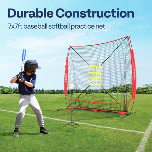 VIVOHOME Baseball Softball Hitting Net with Large Ball Collection System, 7 x 7 ft Baseball Batting Pitching Net with Tee, 2 Strike Zone, Carry Bag