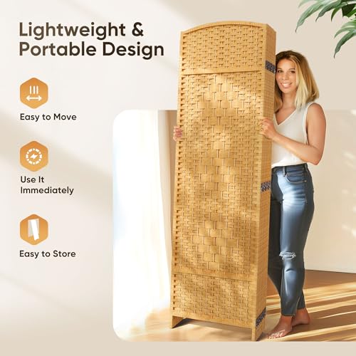 JOSTYLE Folding Privacy Room Divider, 4 Panel Screen Divider 6 ft. Tall Freestanding Extra Wide Rattan Room Partition Wall Separation Dividers, Grey