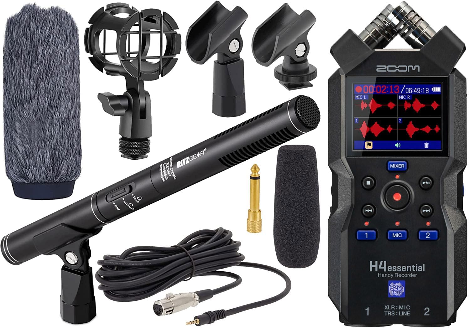 Zoom H4essential New H4n 4-Track Recorder with Ritz Gear Professional Video, Cinema and Broadcasting Shotgun Microphone for Indoor & Outdoor Film, Interview & Studio Complete Recording Kit (Black)