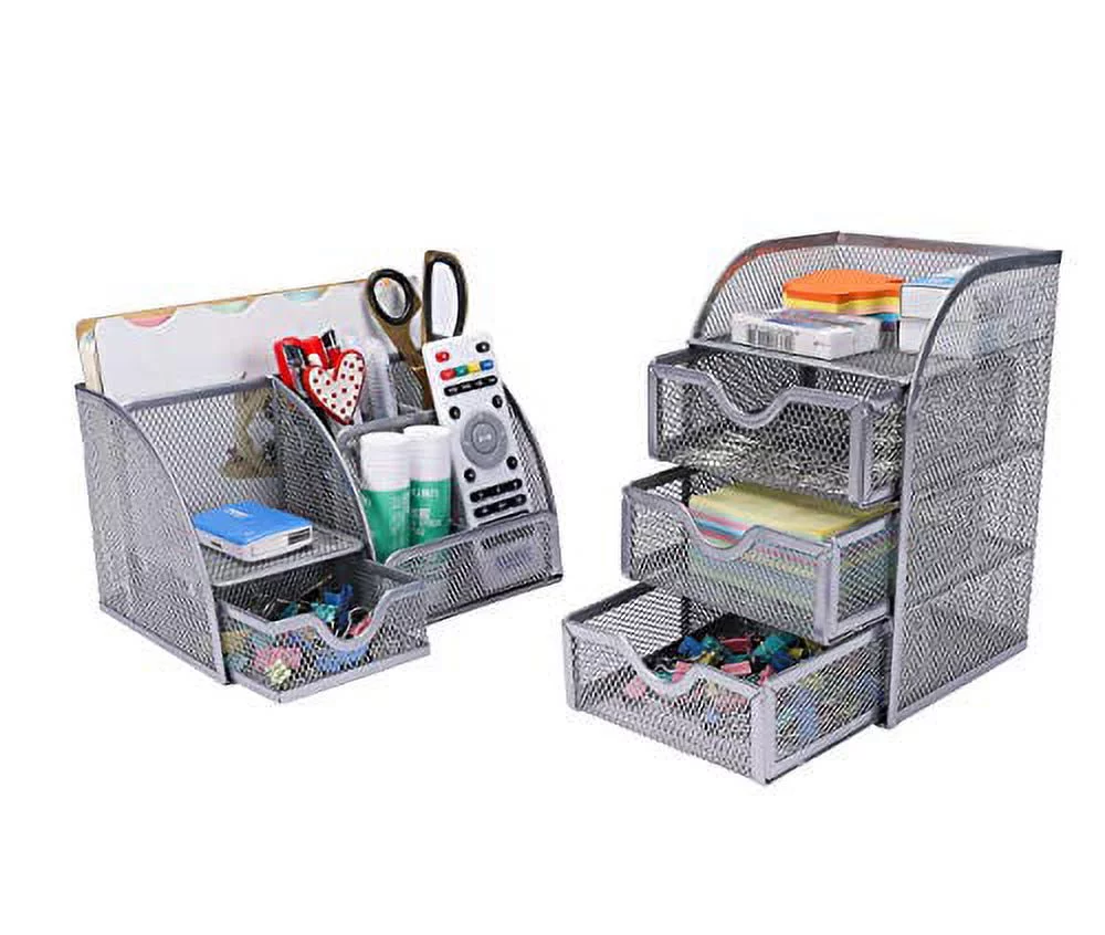 PAG Office Supplies Mesh Desk Organizer Set Pen Holder Accessories Storage Caddy with Drawer, Silver