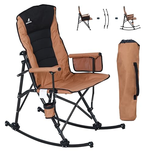 Oversized Folding Rocking Camping Chair for Adults, Adjustable Padded Backrest Rocker Chair with Hard Armrests, Portable Outdoor Chairs for Patio, Lawn and Garden(Supports 350lbs), Brown