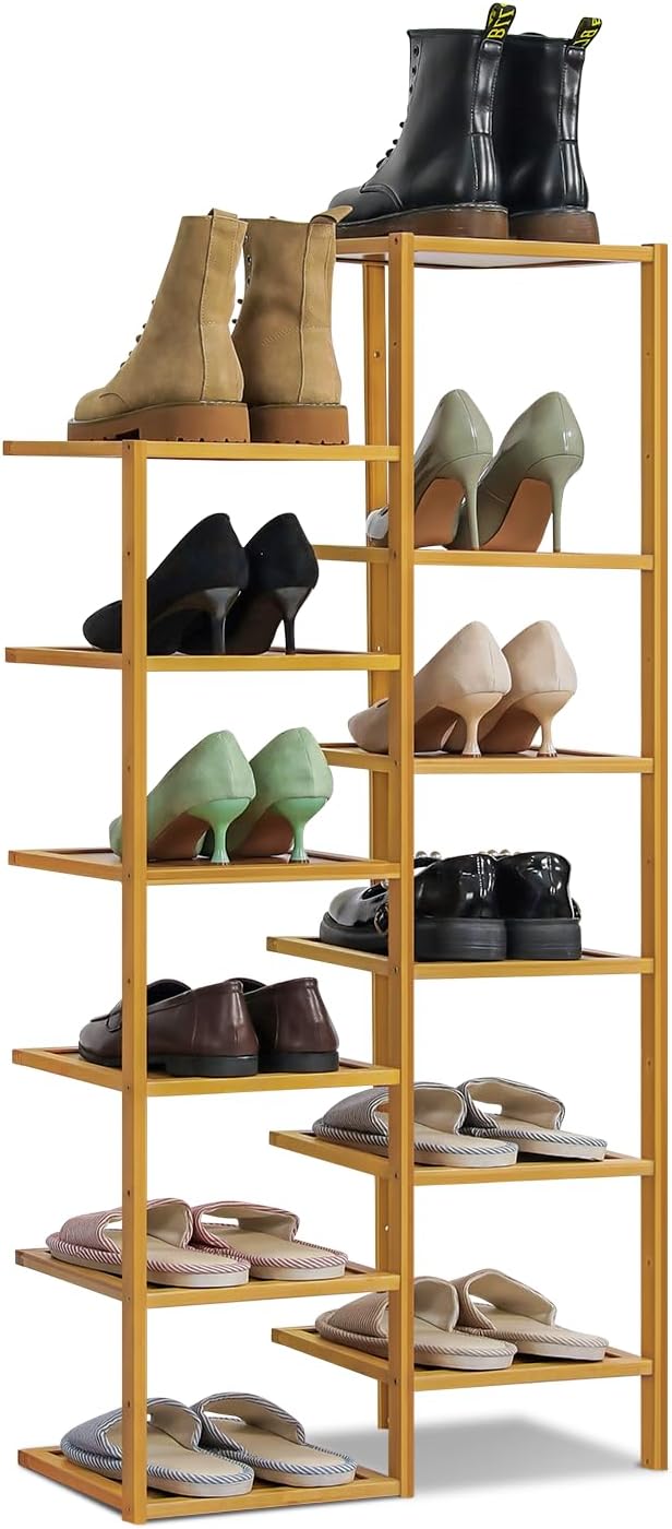 Magshion Bamboo 12-Tier Vertical Double Row Shoe Rack - Space Saver Shoe Organizer - Freestanding Cabinet Storage Organizer for Small Spaces, Corner, Bedroom, Entryway (Natural)