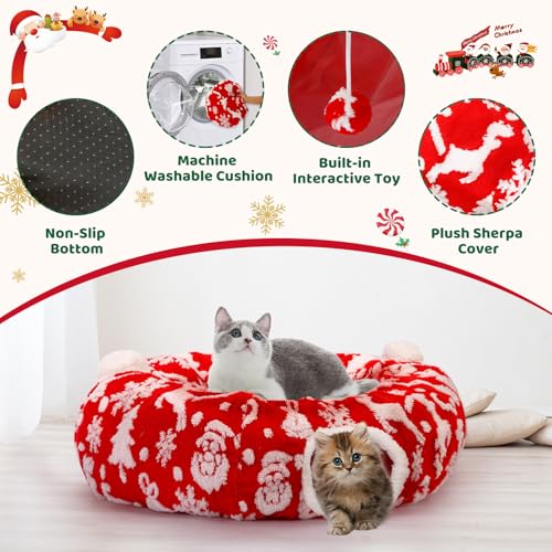 Cat Tunnel Bed Christmas Tree Skirt for Indoor Cats, Maansfy Large Peekaboo Cat Cave Decorative Christmasn Donut Tunnel MultifunctionalTube Playground Toys for Kitten Medium Large Cat (Red)