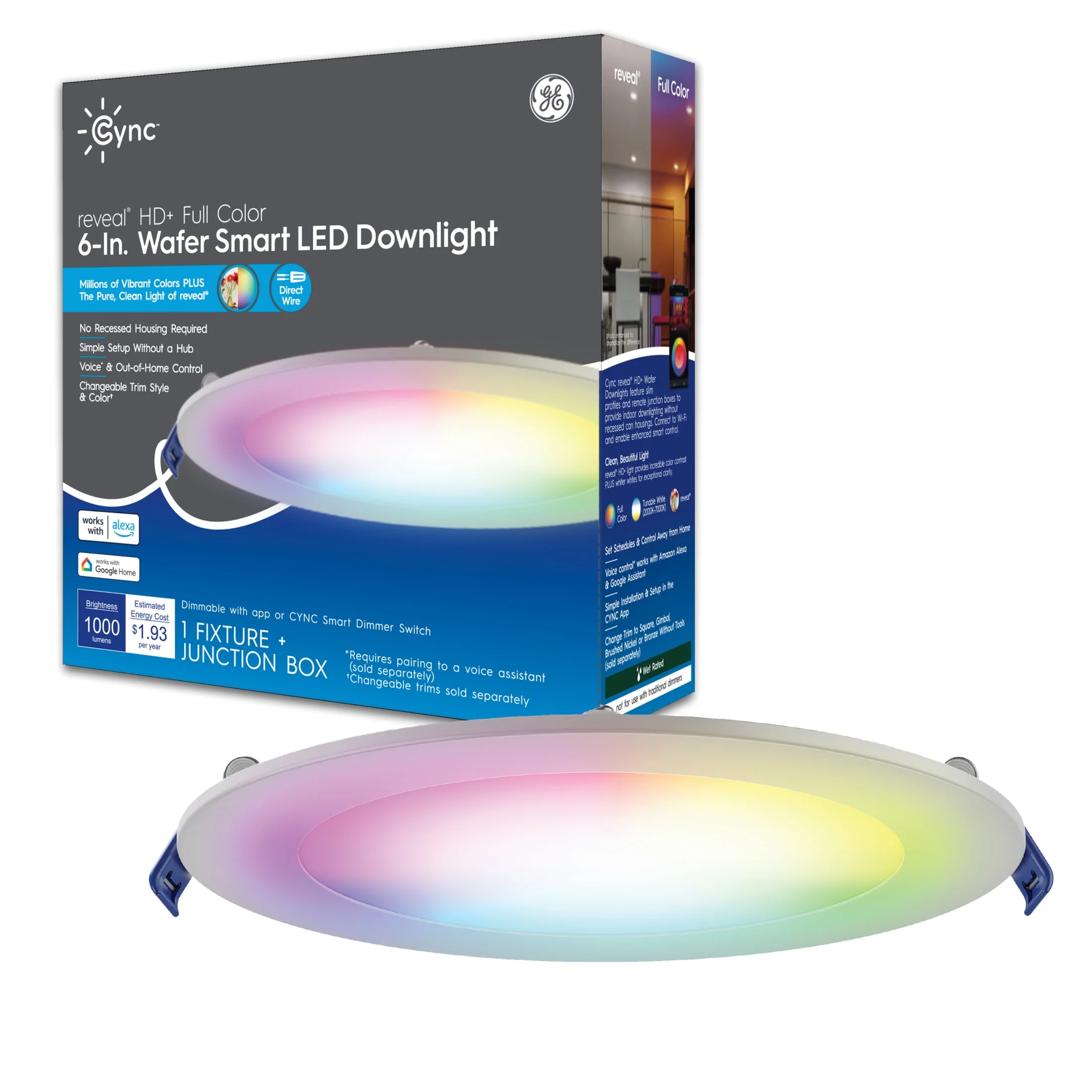 GE Cync Smart LED Wafer Light, Color Changing 6in Indoor Downlight, 62.5 Watts, 1pk