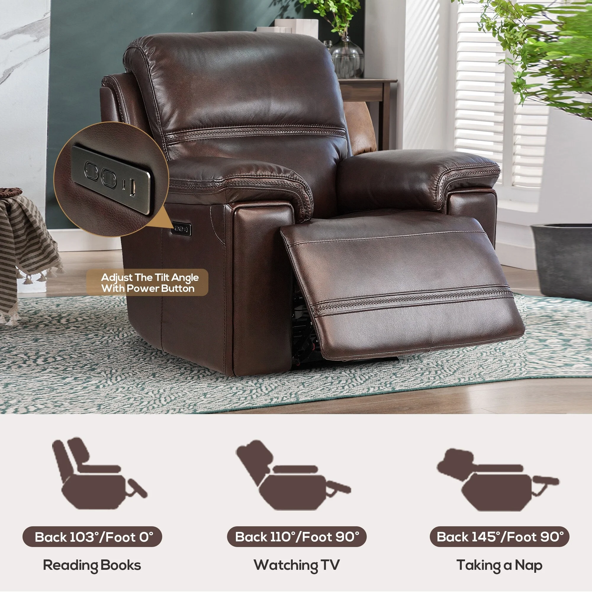 Kayto Inc Timo Genuine Leather Power Adjustable Headrest Sofa Glider Recliner Chair Modular Sofa For Living Room Recliner Pattern Single Cushion 1