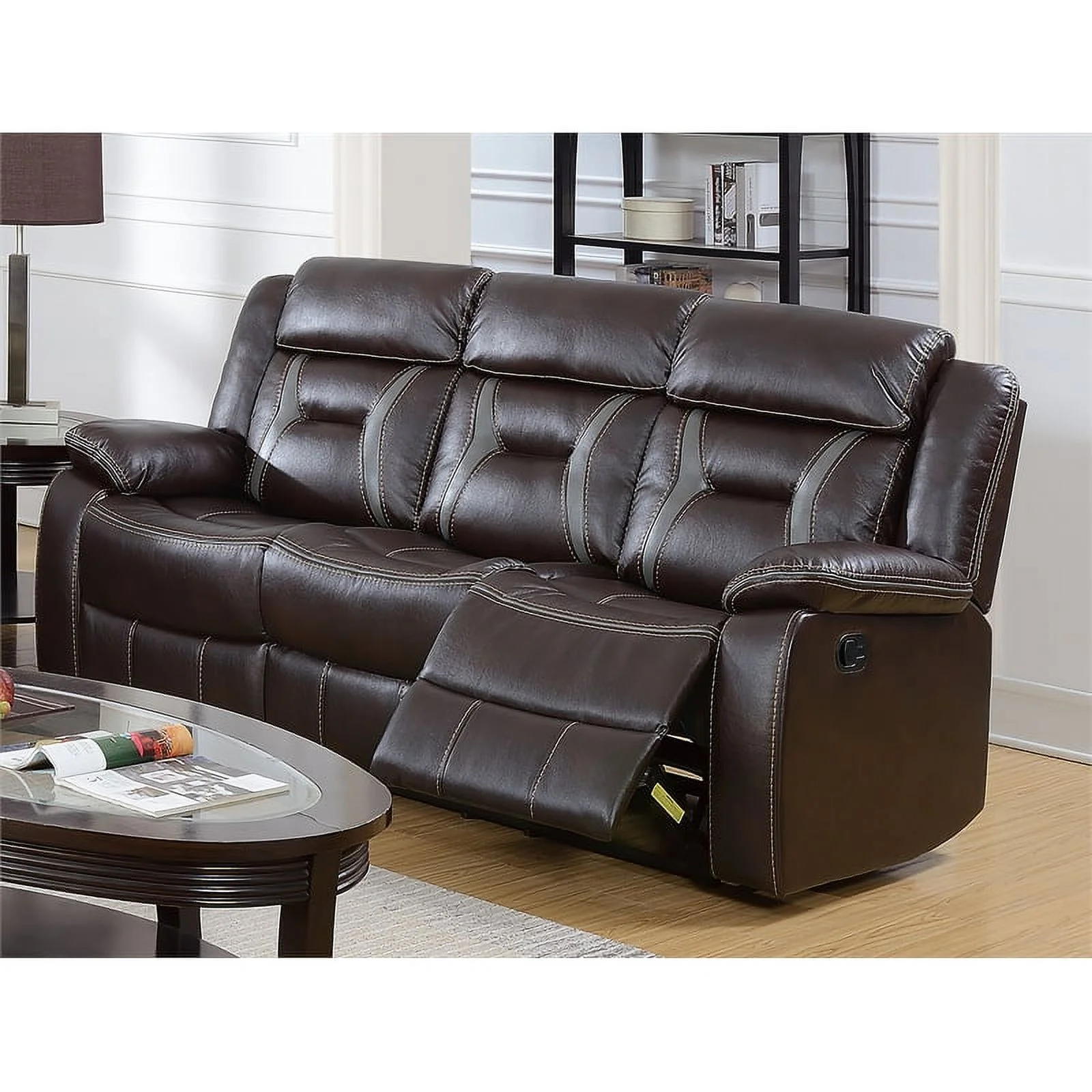 Poundex Furniture Gel Leatherette Sofa Recliner in Dark Brown