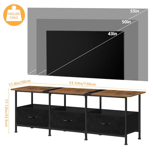 CADUKE Black TV Stand for 55 inch TV, Farmhouse Entertainment Center with 3 Fabric Drawers, Industrial TV Console Table for Bedroom, Living Room