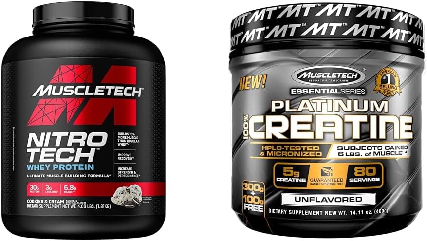 Muscletech Whey Protein Powder Nitro-Tech Whey Protein Isolate & Creatine Monohydrate Powder Platinum Pure Micronized Muscle Recovery + Builder for Men