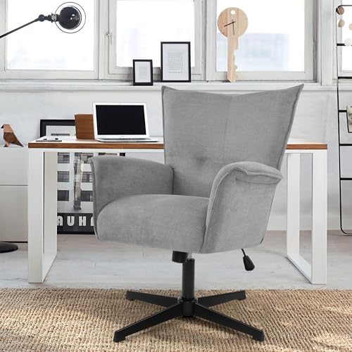 DAGONHIL Home Office Desk Chair No Wheels Armchair Linen Fabric Swivel Chair High-Back Wide Seat Upholstered Accent Chair with Metal Legs Computer Chair, Beige