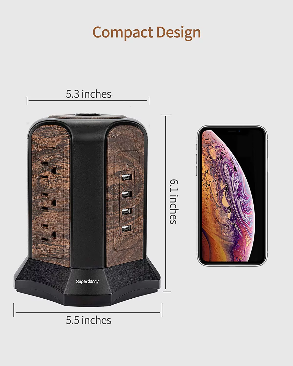 SUPERDANNY 9 Outlets 4 USB Power Strip Tower Surge Protector 1080J with 10 ft Extension Cord Deep Wood Grain