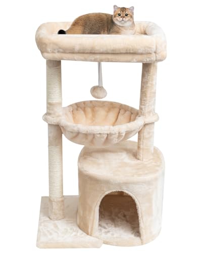 SYANDLVY Small Cat Tree for Indoor Cats, Kittens Condo with Scratching Post and Board, Modern Activity Tower with Cradle, Beige