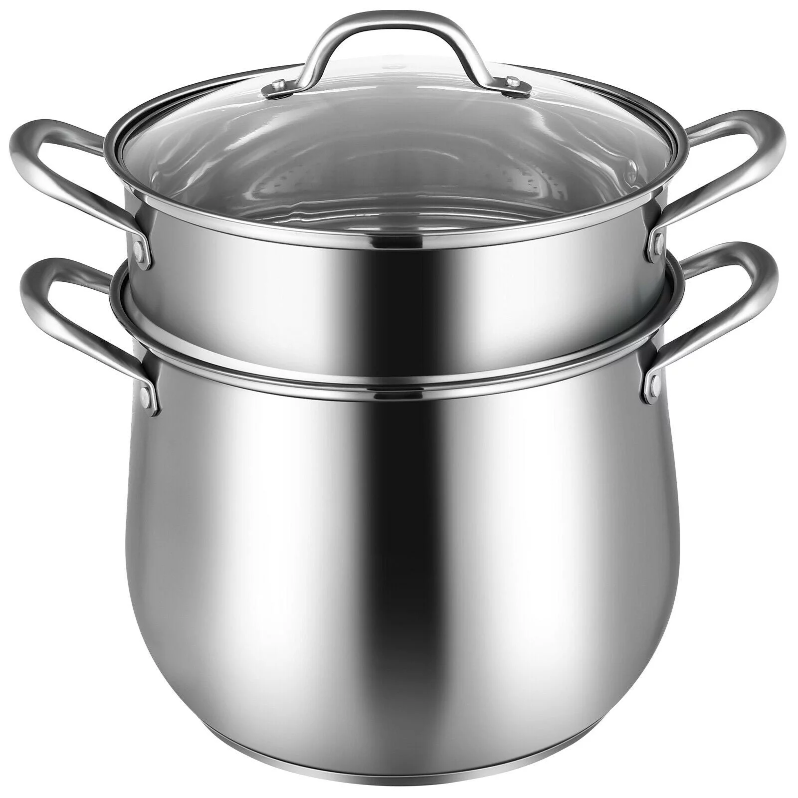 2-Tier Steamer Pot Saucepot Stainless Steel w/ Tempered Glass Lid