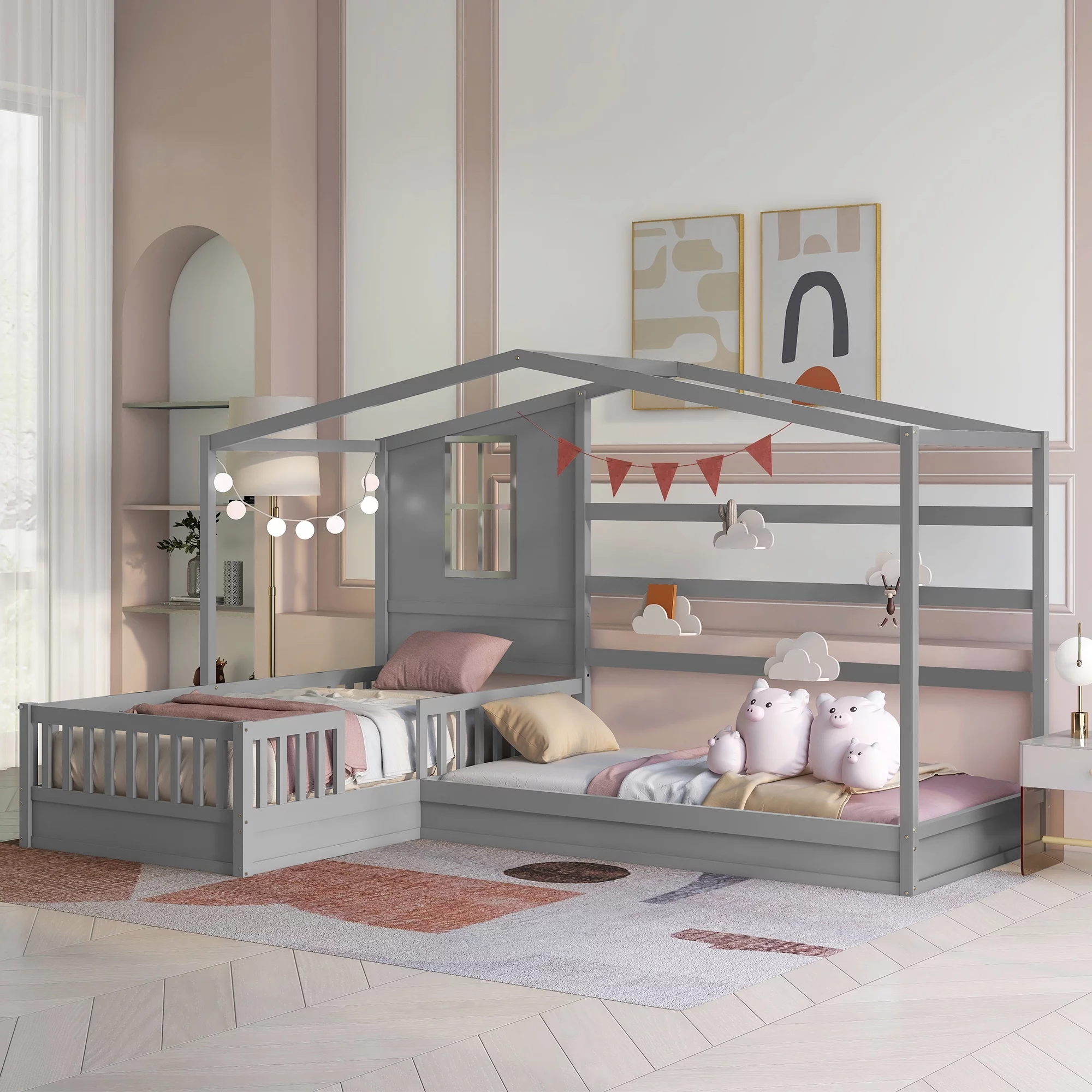 Bellemave House Beds for 2 Kids, Wood L-Shape Twin Bed Frame with Roof and Fence Railings, Double Twin Size Montessori Bed for Toddler Girls Boys Teens (Grey)